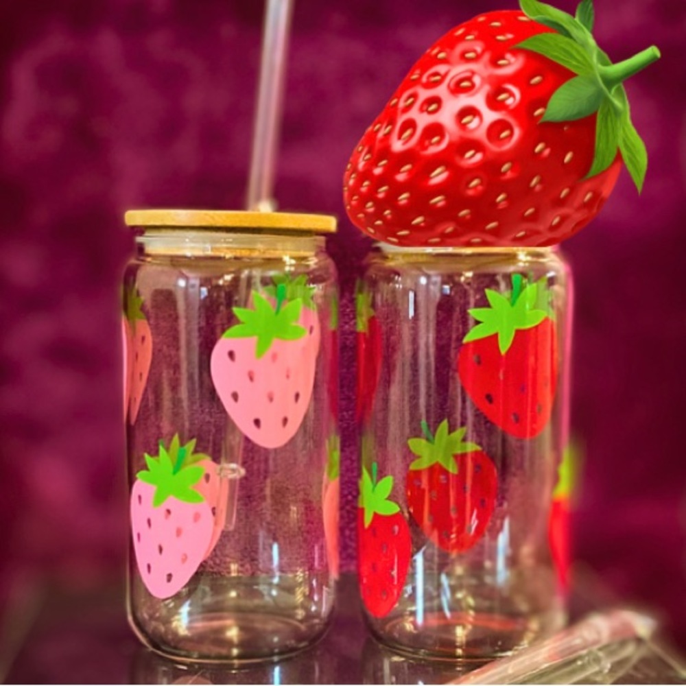 DUO - 2 Glass Can Cups w/ Red or Pink Strawberries, Includes Boxes,Lids & Straws